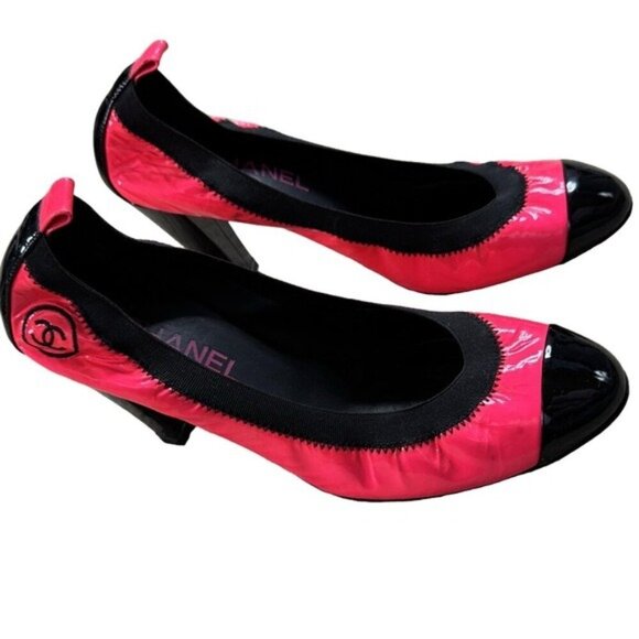 Chanel Logo Pink Patent Leather Black Cap Toe Ballet Pump Heels 10.5 US 41 IT - Picture 3 of 12